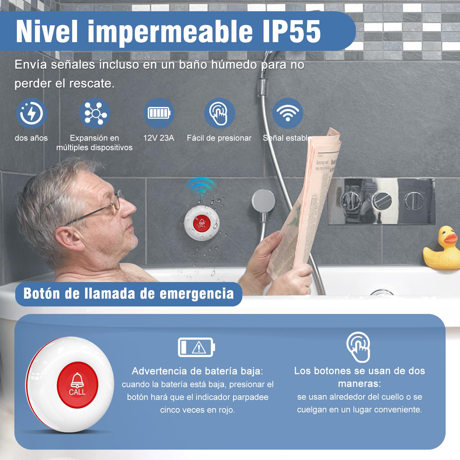 Chunhee Alarma Móvil Inalámbrica Botón de Emergencia Ancianos Emergencia Enfermería Timbre 55 Tonos150M Rango de Recepción Botón Emergencia para Ancianos Adecuado para Ancianos/Pacientes/Embarazada