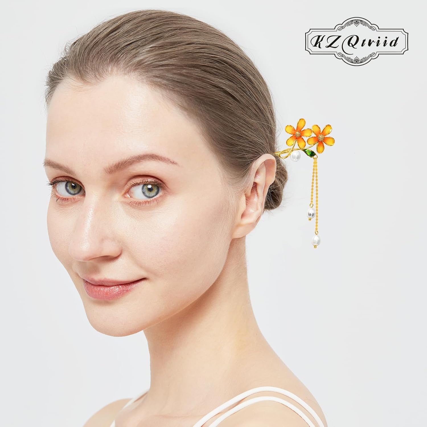 Hair Accessories，14k Gold Plated Copper， Vintage Handcrafted， Colour Enamels Small Daisy Pearl Tassels Hair Stick，Hair Clip. 7.28" Hair Chopsticks For Women