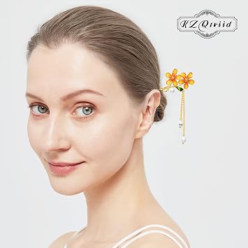 Hair Accessories,14k Gold Plated Copper, Vintage Handcrafted, Colour Enamels Small Daisy Pearl Tassels Hair Stick,Hair Clip. 7.28 Hair Chopsticks For Women
