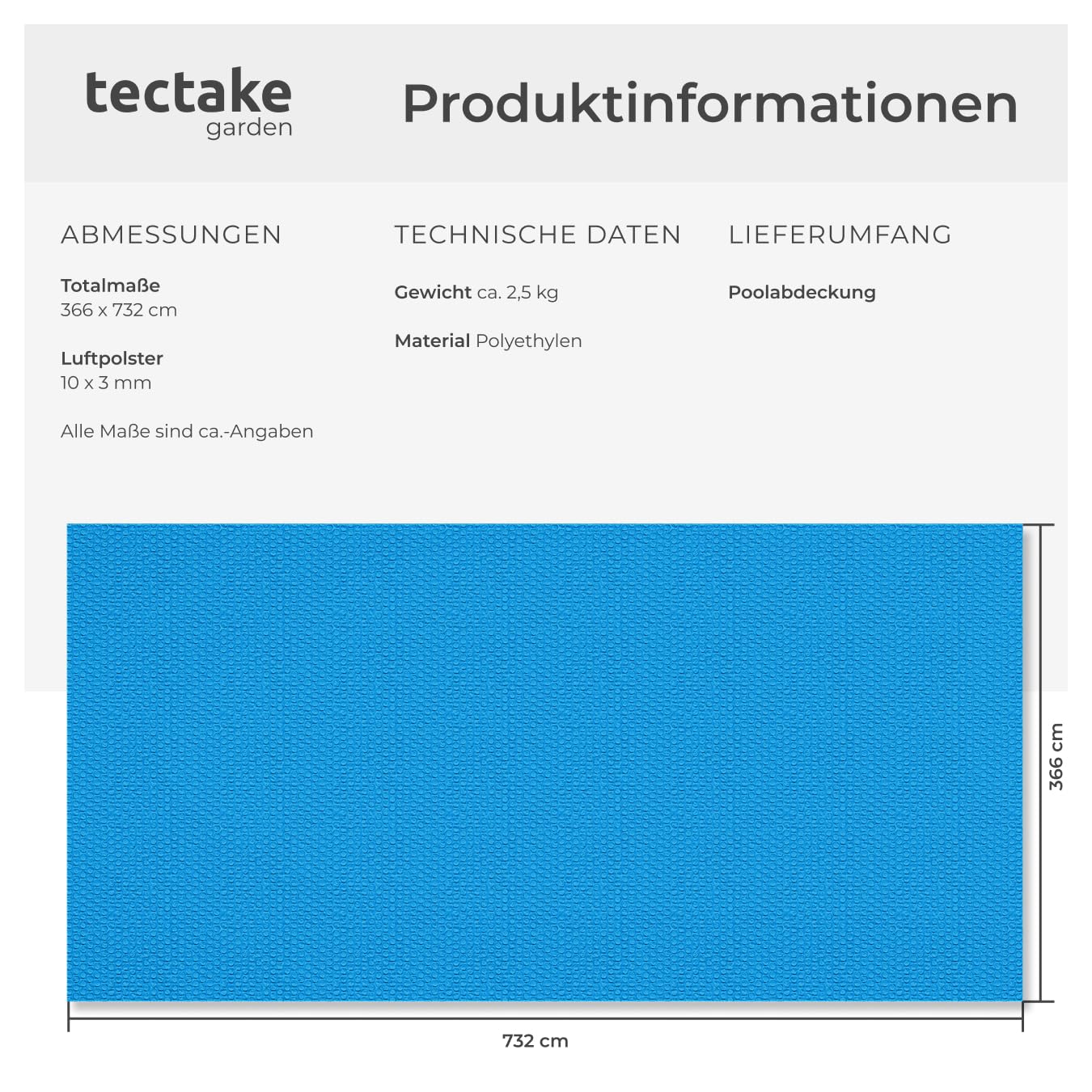 tectake® Poolabdeckung rechteckig, Solarplane Pool rechteckig, Poolzubehör Abdeckplane für Aufstellpool, Pool Garten, Pool Abdeckung mit Noppenfolie als Solar Poolheizung - 3,66x7,32 m
