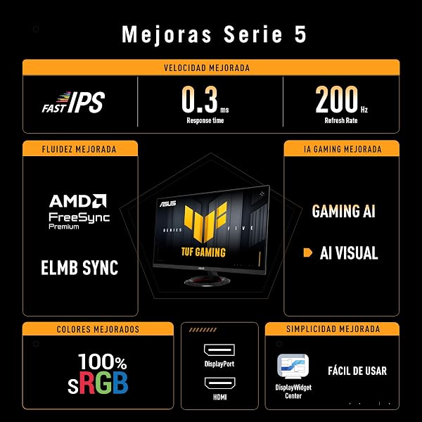 ASUS TUF Gaming VG279Q5R - Monitor de 27", Full HD (1920 x 1080), 200 Hz, Fast IPS, ELMB, 0,3 ms GTG (mín.), Altavoces estéreo, DisplayWidget Center, AI Visual - 3