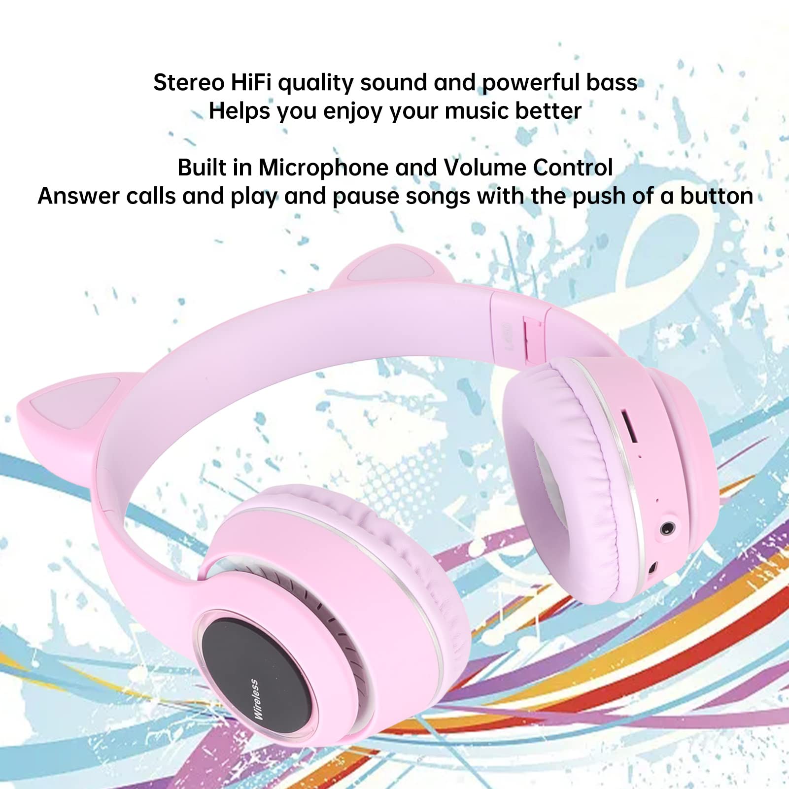 On Ear Headphones Stylish Multifunctional Headphones Bluetooth Cat Earphones HiFi Stereo Built in Microphone Support Memory Card In line Wireless Headset with LED Lights Stereo Bluetooth Headphones