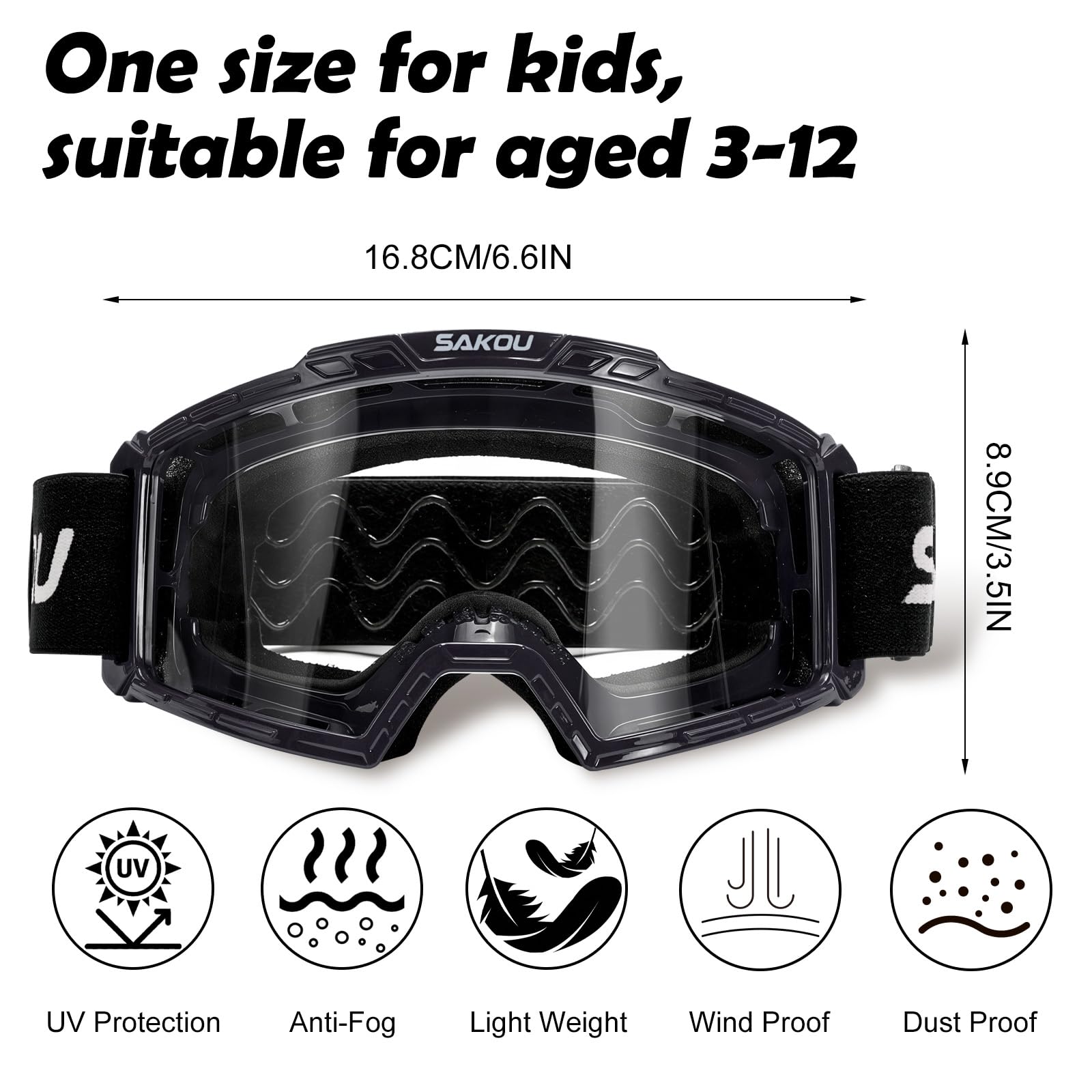 SAKOU Kinder Motorrad Motocross Cross Brille–Beschlagfrei, Stoßfest und mit 100% UV400-Schutz für Jungen und Mädchen im Alter von 3 bis 12 Jahre, ideal für Offroad, ATV und Dirtbike Einsätze