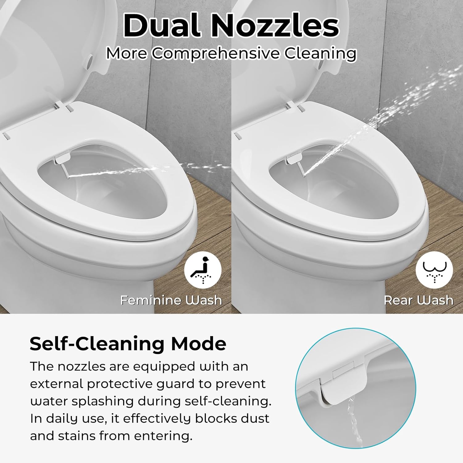 Bidet Toilet Seat,Non-Electric Quiet-Close,Fit Elongated Toilet Seat,Adjustable Water Pressure and Self-Cleaning Dual Nozzles