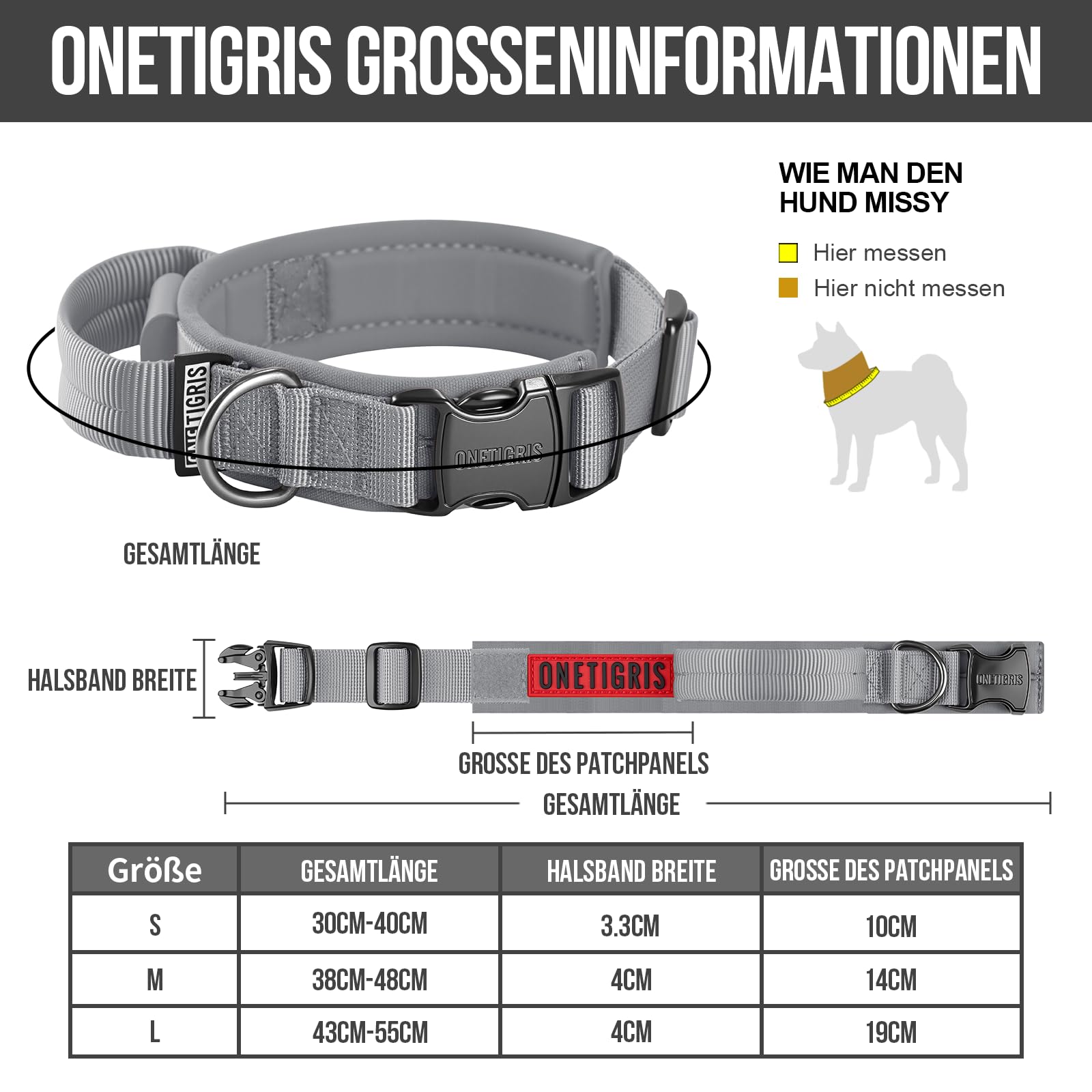 OneTigris Collare per cani con fibbia in metallo per cani (Grigio, S)