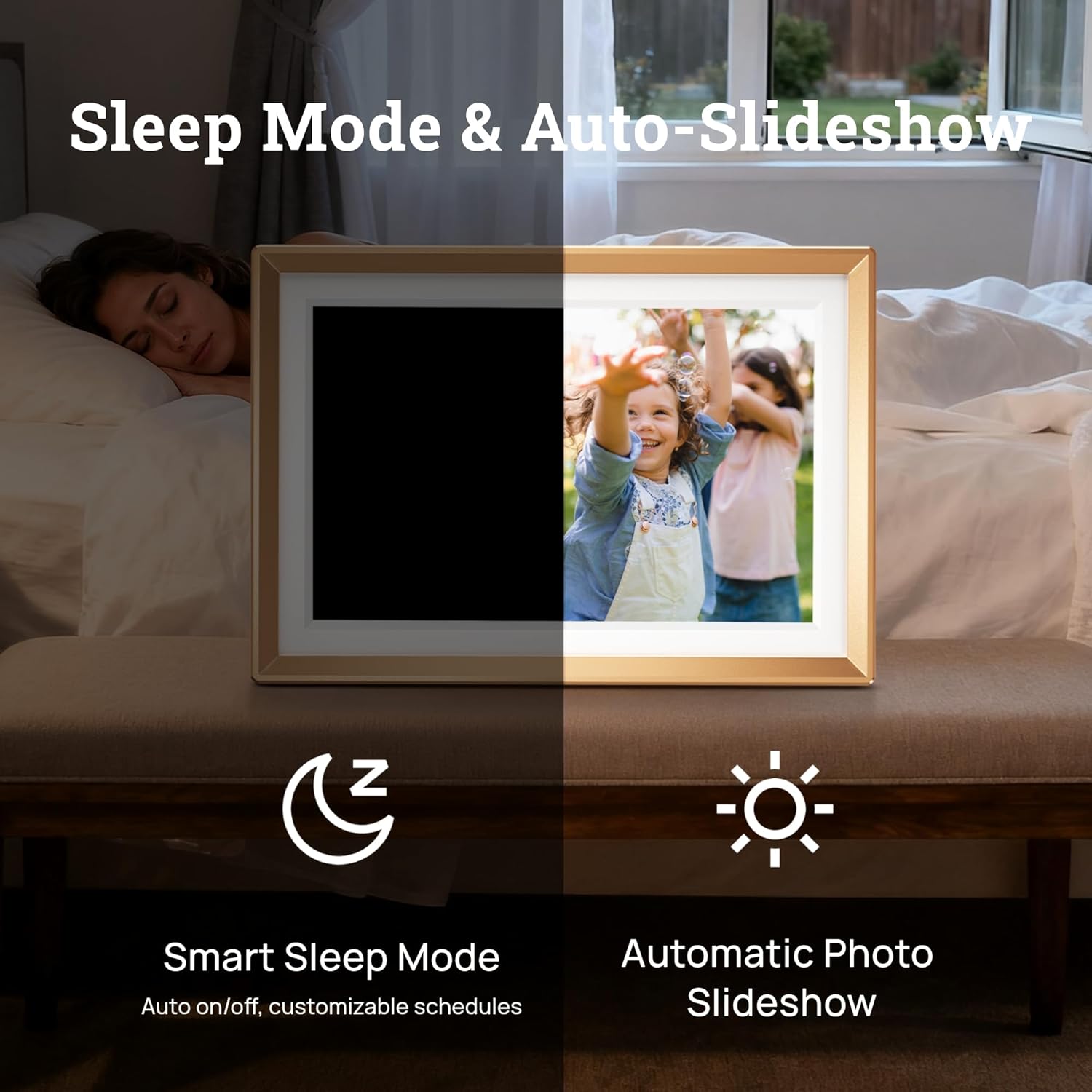 ARZOPA Digital Picture Frame showing smart sleep mode and automatic photo slideshow