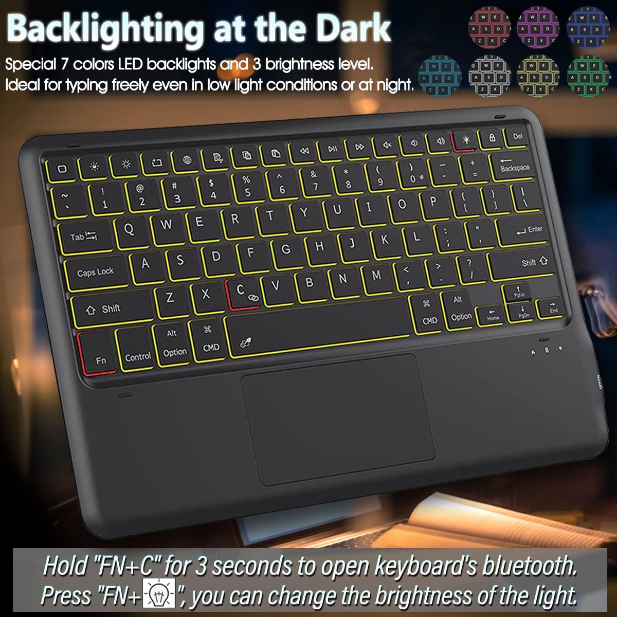 Touchpad Keyboard Case for Samsung Galaxy Tab S8 Plus/ S7 Plus 12.4 Inch Backlit, 7 Colors Light Detachable Wireless Keyboard for Samsung Tab S8+ 2022/ S7+ 2020 12.4