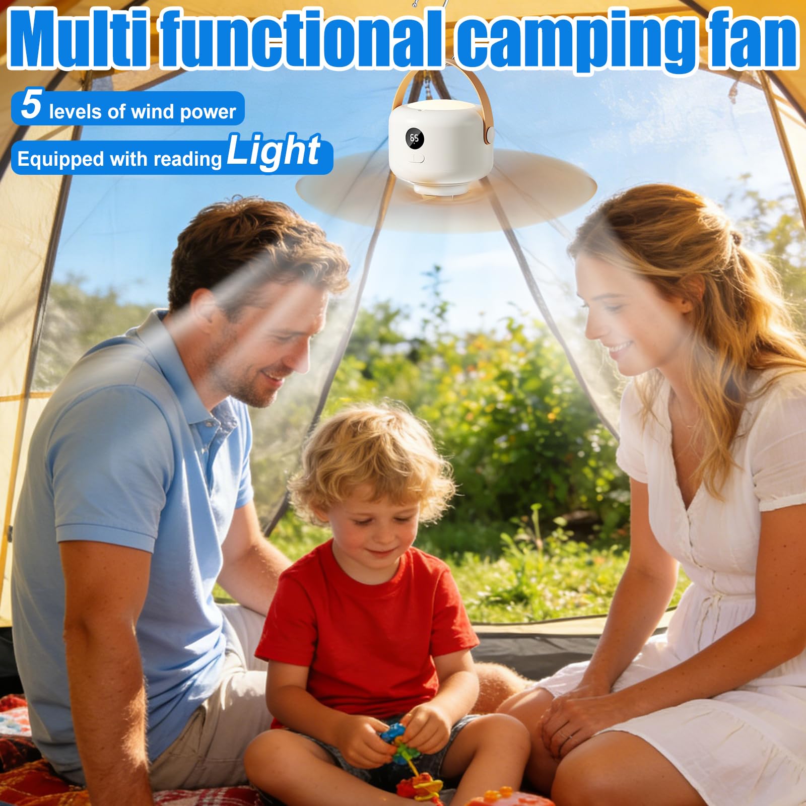 Ventilatore da campeggio USB con luce LED a 5 velocità, ricaricabile con telecomando
