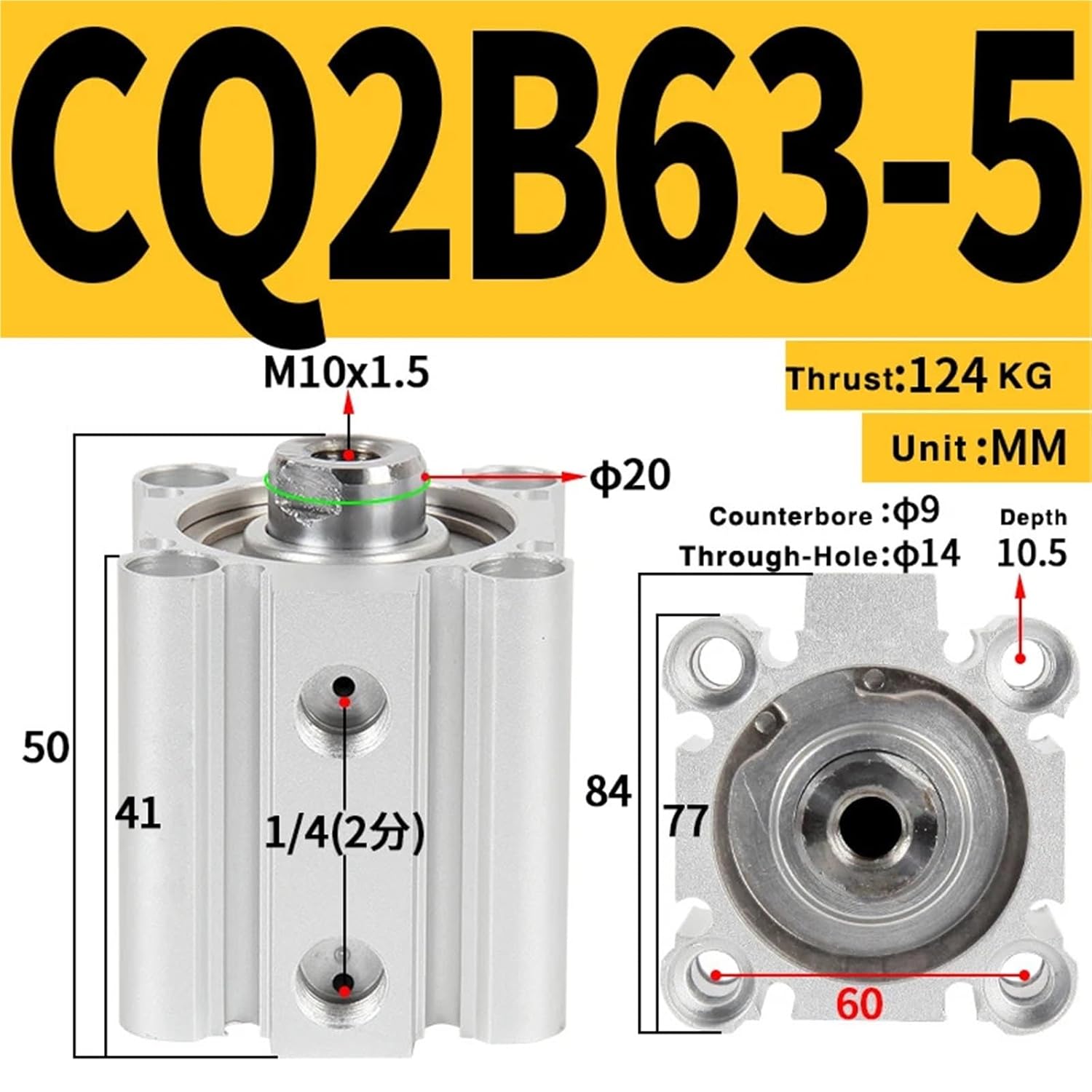 Type CDQ2B air pneumatic cylinder Bore 40mm Rod end famale thread CDQ2B63-20DZ CQ2B63 Stroke 5DZ-100DZ(CQ2B63-5)