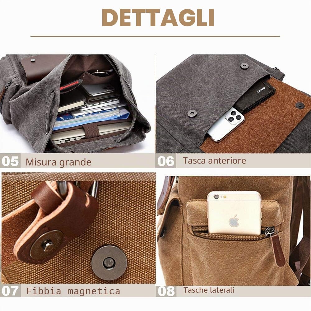 Zaino Vintage in Tela e Pelle, Grande Capacità Multi-Tasca per Università, Viaggi & Lavoro, Zaino Impermeabile per Scuola (Verde Oliva)