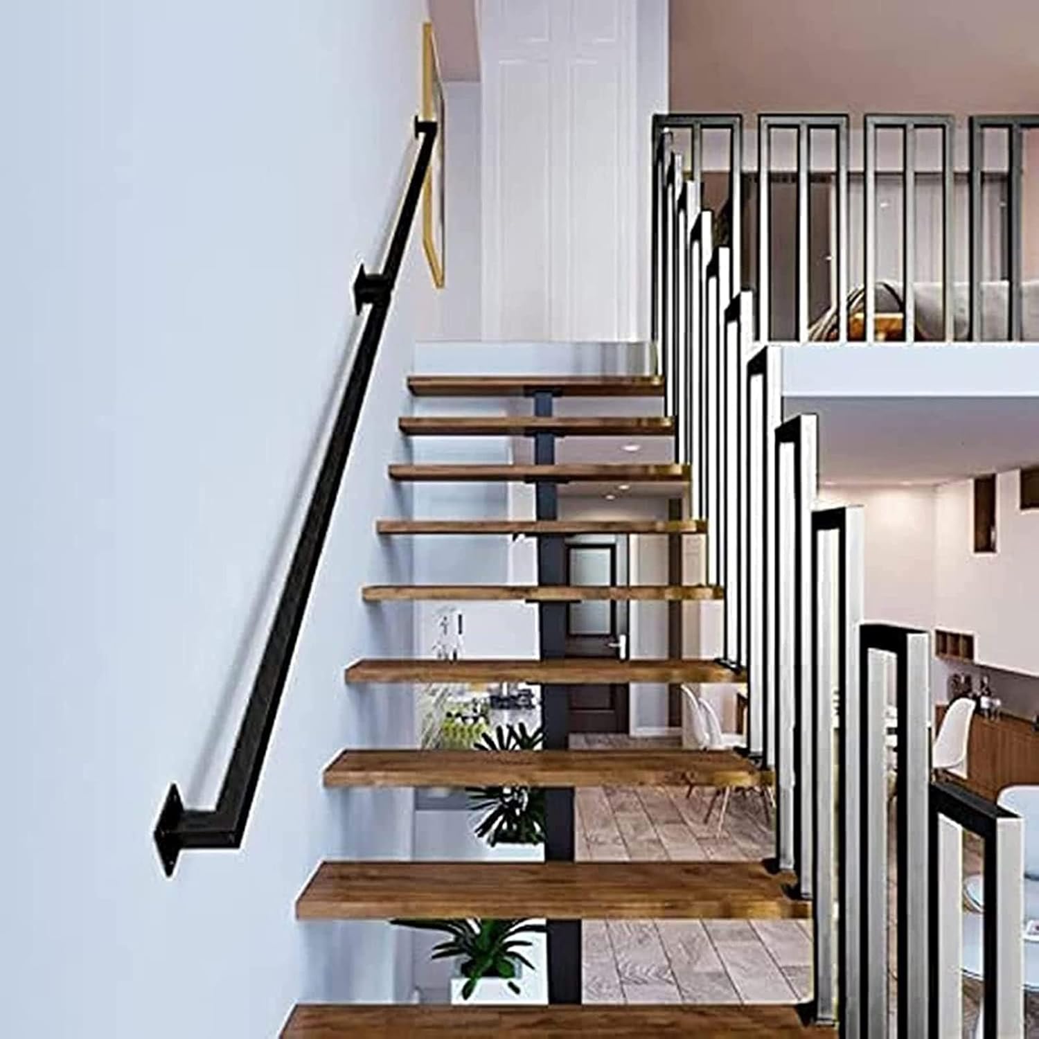 安全階段手すりウォールマウント、ブラックメタル手すりノンスリップ安全手すり、屋内階段ロフトポーチ用工業用鉄手すりパイプ手すり (Co
