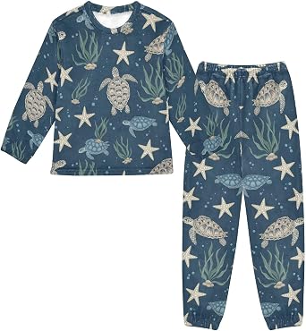 Sinestour Turtles Starfish Coral Pattern Fuzzy Fleece Pajamas Set Long Sleeve Sleepwear 2 Piece Soft Comfy Loungewear