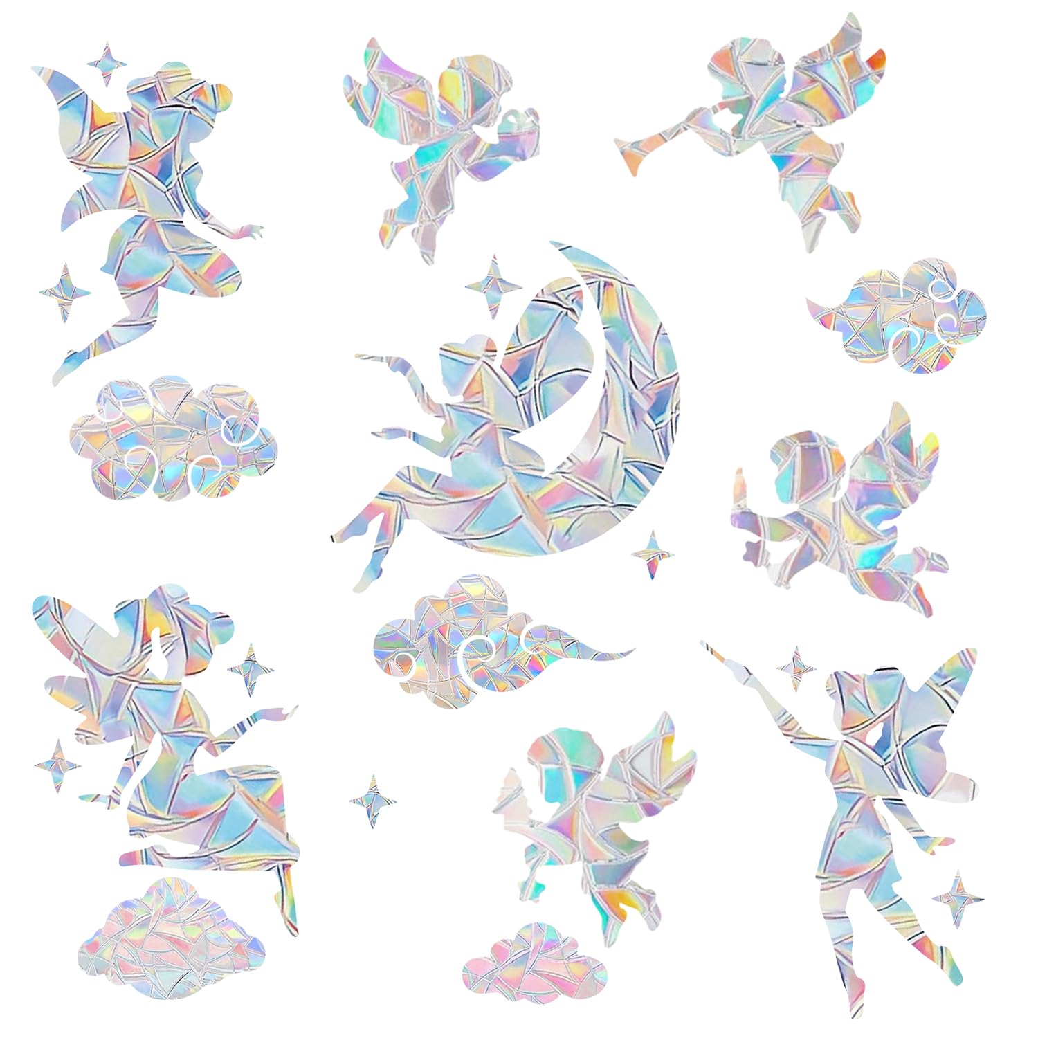 Sun Catcher Window Stickers for Glass Windows, Angels Elf Star Moon Anti-Collision Bird Strike Prevention, Rainbow Prismatic Decals, Non-Adhesive, Reusable Clings