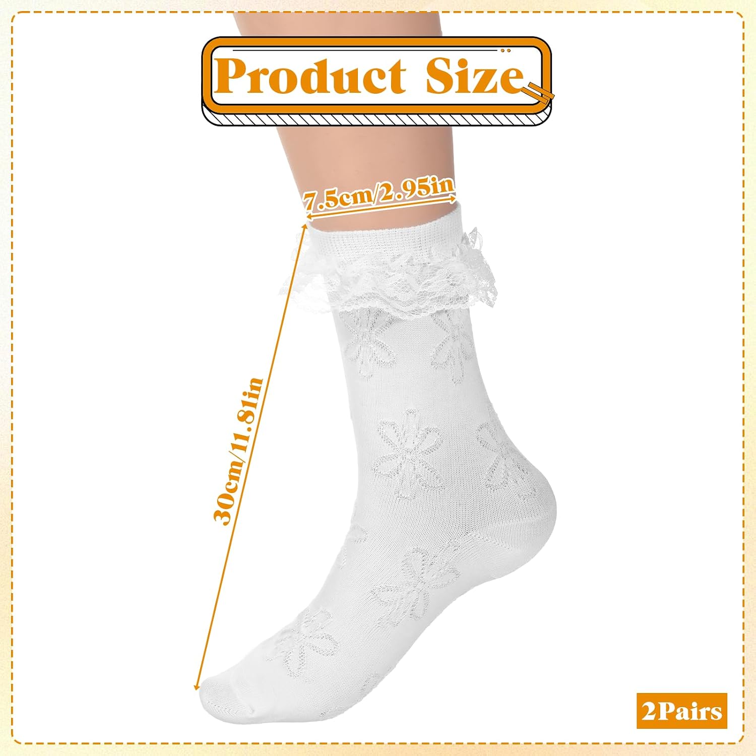 2 Pairs Lace Ruffle Crew Socks for Women, Lace Ruffle Socks White Black Frilly Sock Polyester Cute Princess Ankle Dress Sock