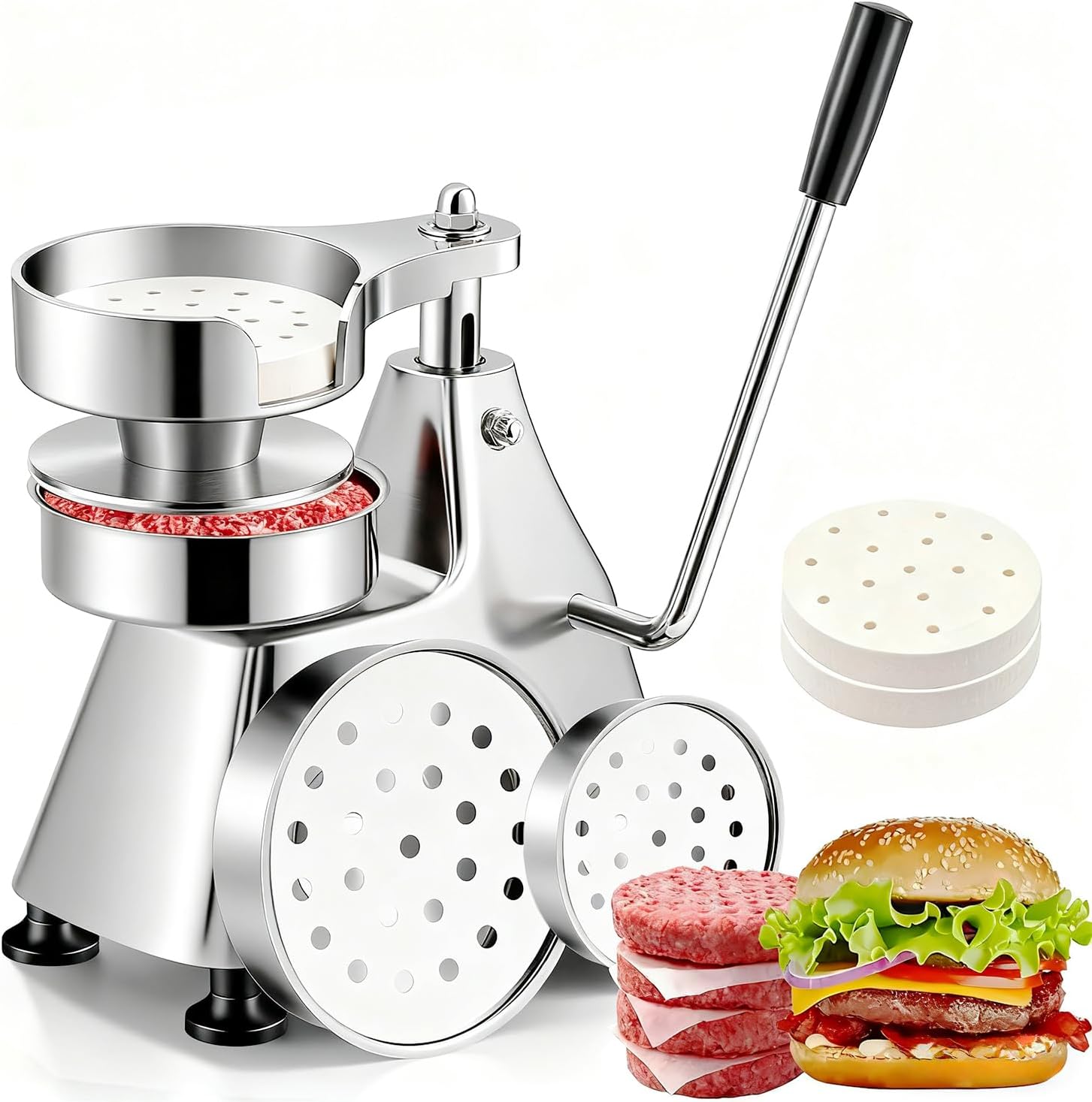 CTJ 3 in 1 Commercial Burger Patty Maker 4/5/6 Inch Hamburger Press - Heavy Duty Stainless Steel Beef Press Patty Maker with 1200 Pcs Patty Papers for Beef Pork Chicken Patty