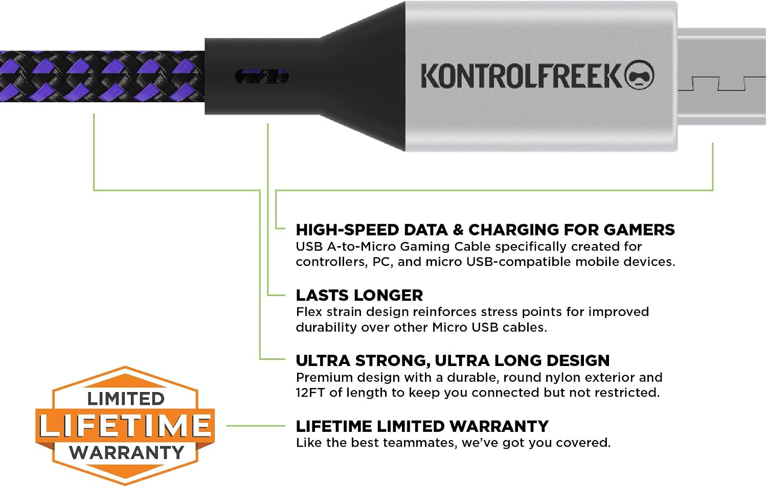 KontrolFreek Gaming Cable Micro USB (12ft) The Premium Durable Gaming Cable [Round Braided Nylon] for Playstation Controllers, Xbox Controllers, PC, Android Smartphones and More