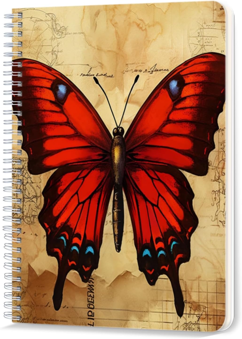 Spiral Notebook,Double-Wire Spiral College Lined Journal Notebook for Study and Notes,100 Pages,5.71x 8.26 in - Red Butterfly on Vintage - inspired Paper