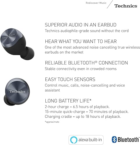 Miniatura 2 de Technics Auriculares inalámbricos verdaderos, auriculares Bluetooth, tecnología híbrida dual, sonido de alta fidelidad, diseño compacto, compatible