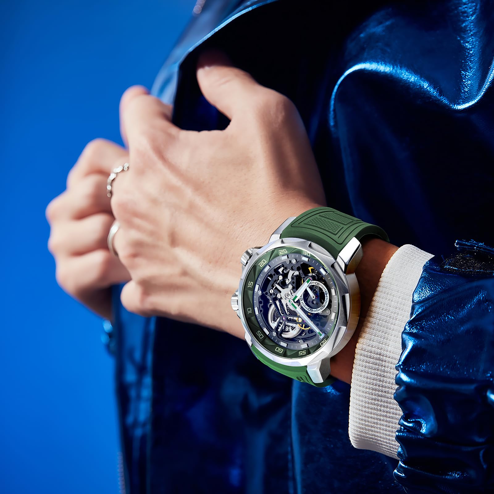 FEICE Orologio Automatico Uomo Orologio Scheletro Vetro Zaffiro con Cinturino Gomma Verde Acciaio Inossidabile Cassa 46mm FM511