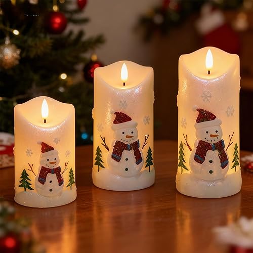Miniatura 5 de DRomance  Velas sin llama de muñeco de nieve a pilas, con control remoto y temporizador cera real, mecha 3D, parpadeantes, velas LED pintadas de