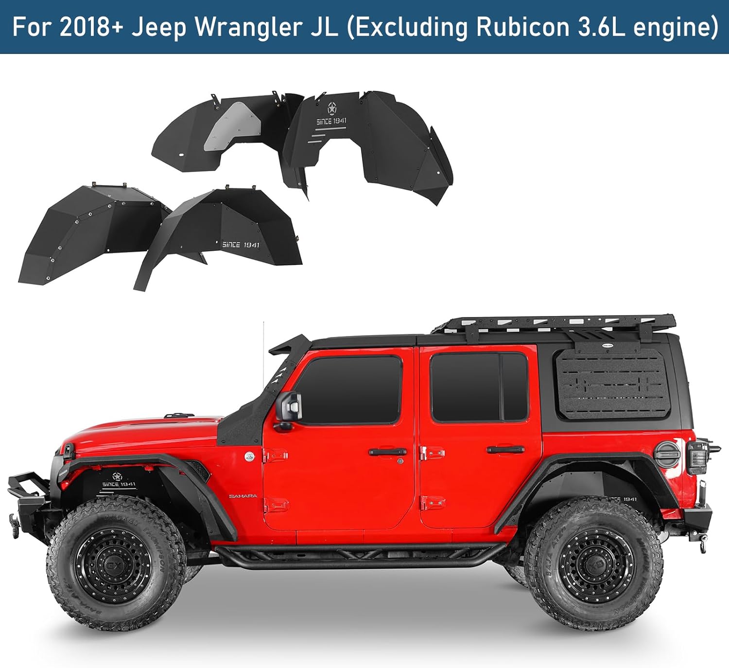 Hooke Road Aluminum Inner Fender Liners for 2018-2026 Jeep Wrangler JL 2-Door & Unlimited (Excl. Rubicon 3.6L), Lightweight Rustproof Front & Rear Wheel Well Protection, 4PCS