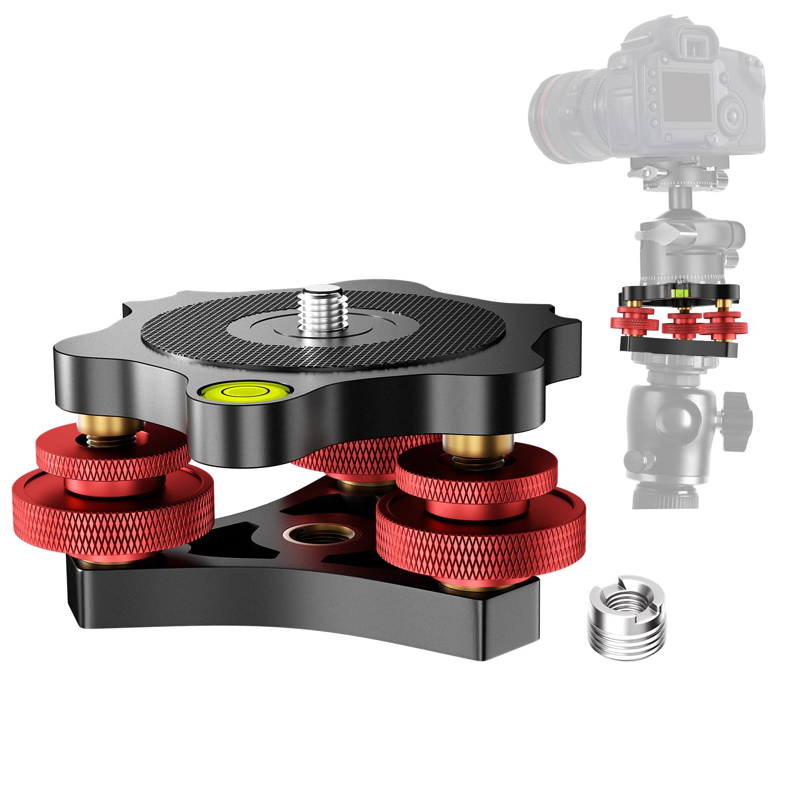 EMART Tripod Leveling Base, Camera Leveler with Bubble Level 3 Axis Tri Wheel Head, 3/8” Thread +/-5°Precise Angle Adjustment for Fluid Head Ball Head