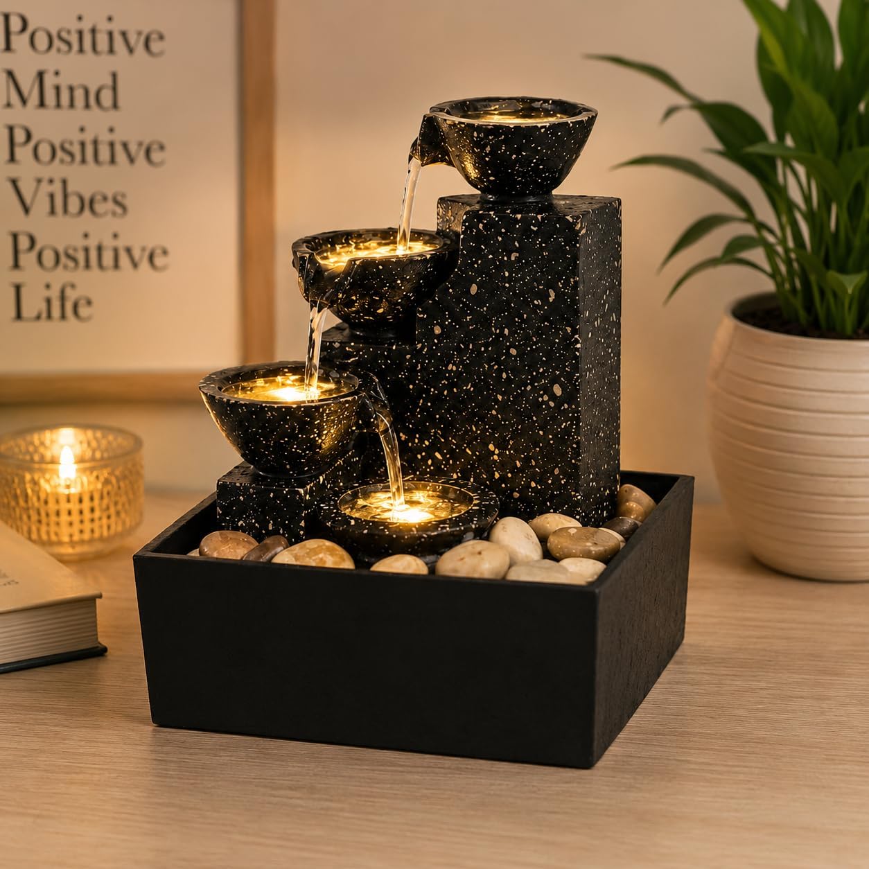 tabletop water fountain with warm led light & natural pebbles .usb type-c powered desktop zen fountain for home, office,meditation,yoga & relaxation décor