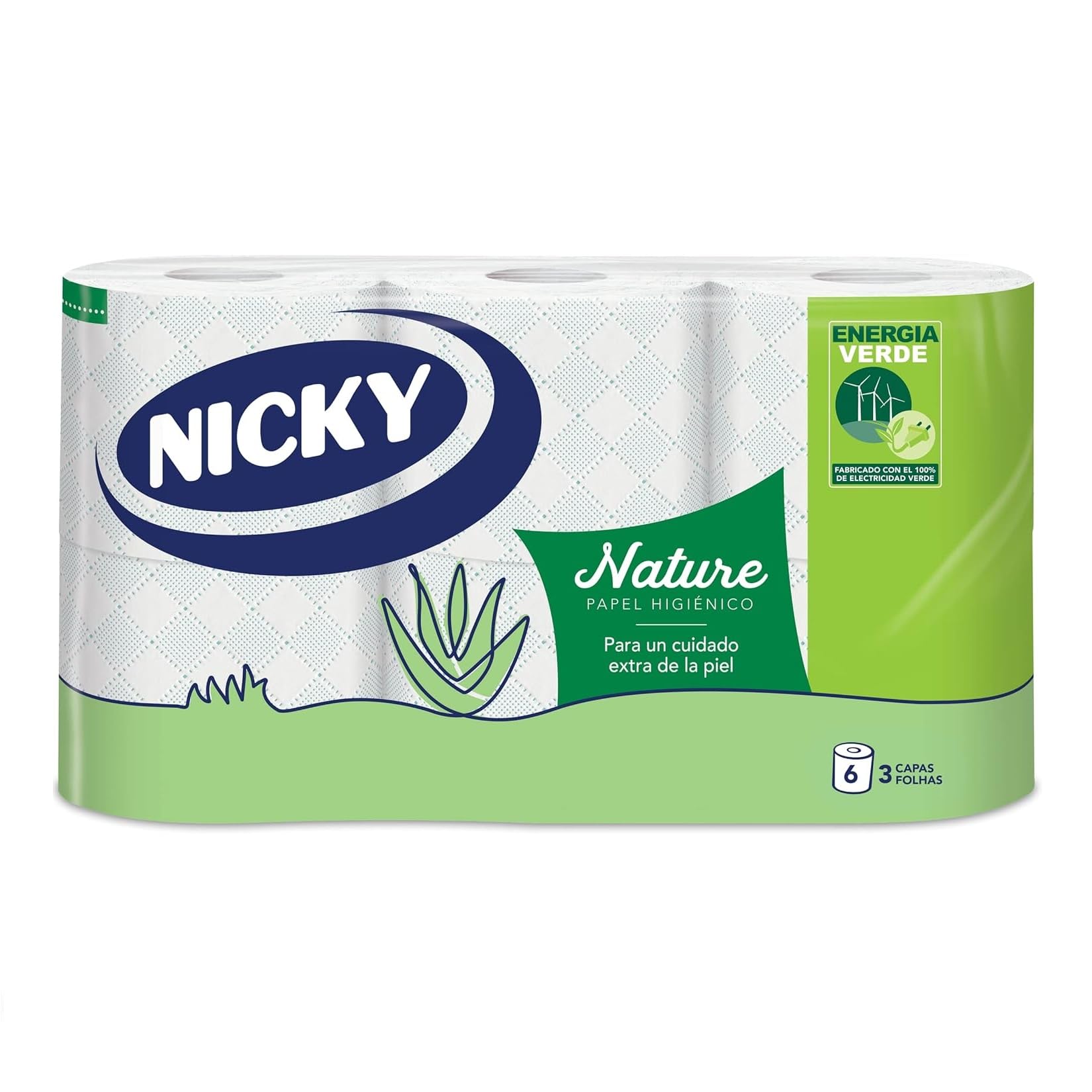 Nicky Nature Papel Higiénico - Paquete de 6 Rollos, 170 Hojas de 3 Capas, Enriquecido con Loción de Aloe Vera, Cómodo y Suave con la Piel, Embalaje Reciclable, Celulosa 100% Pura, Certificación FSC