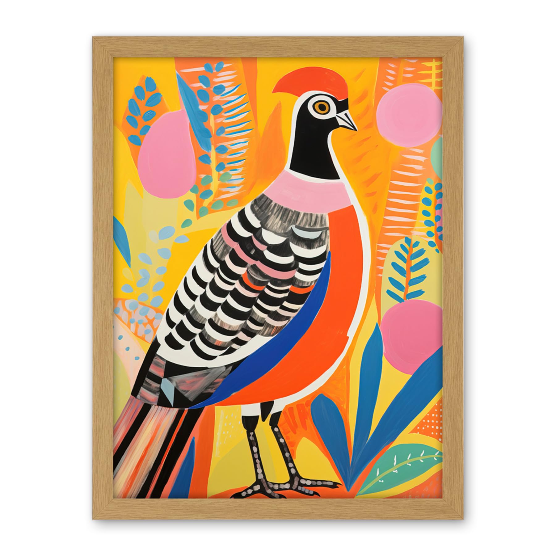 Artery8 Pleasant Pheasant Bright Bold Vibrant Colourful Grassland Acrylic Painting Artwork Orange Pink Blue Folk Art Artwork Framed Wall Art Print 18X24 Inch