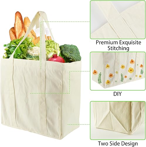 Miniatura 3 de 3 bolsas de comestibles de lona de 13.3 x 13 x 8 pulgadas, bolsas de compras reutilizables con bolsillos reales, correa de hombro larga y