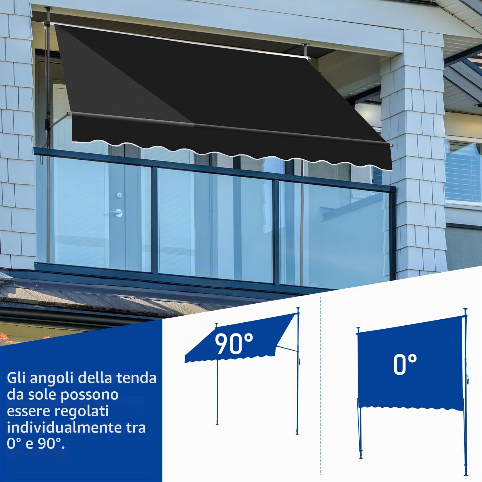 LEADZM Tenda da sole a morsetto, larghezza 250 cm, senza foratura, impermeabile, resistente ai raggi UV, regolabile in altezza con manovella, per terrazza, balcone, giardino, negozio, nero
