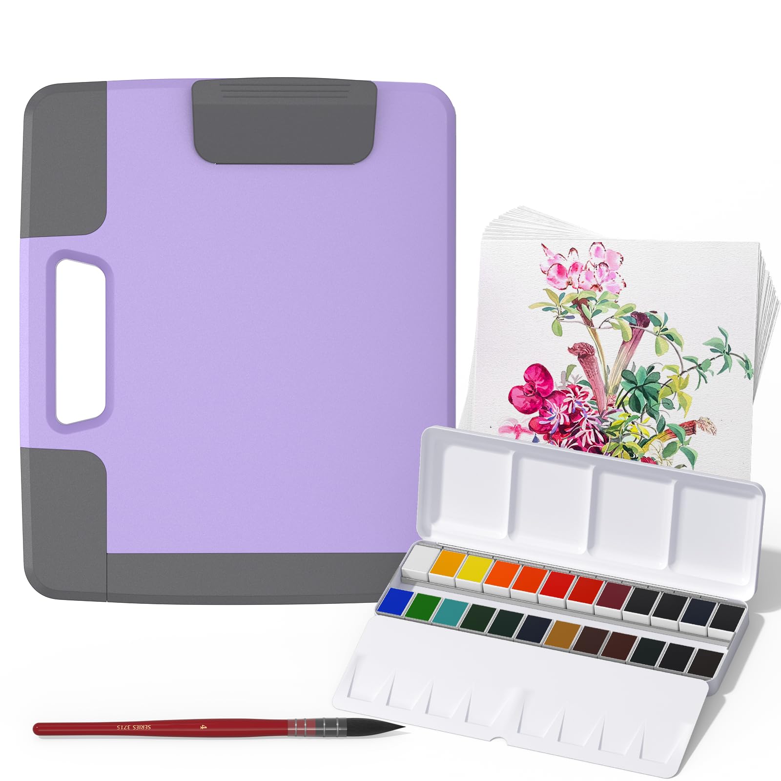 MeiLiang Travel Watercolour Paint Set, Includes 24 Colours Solid Watercolours + 7.5x7.5 inch 50% Cotton Watercolour Paper(20 Sheets) + 1 Watercolour Brush + Purple Handheld Organizer