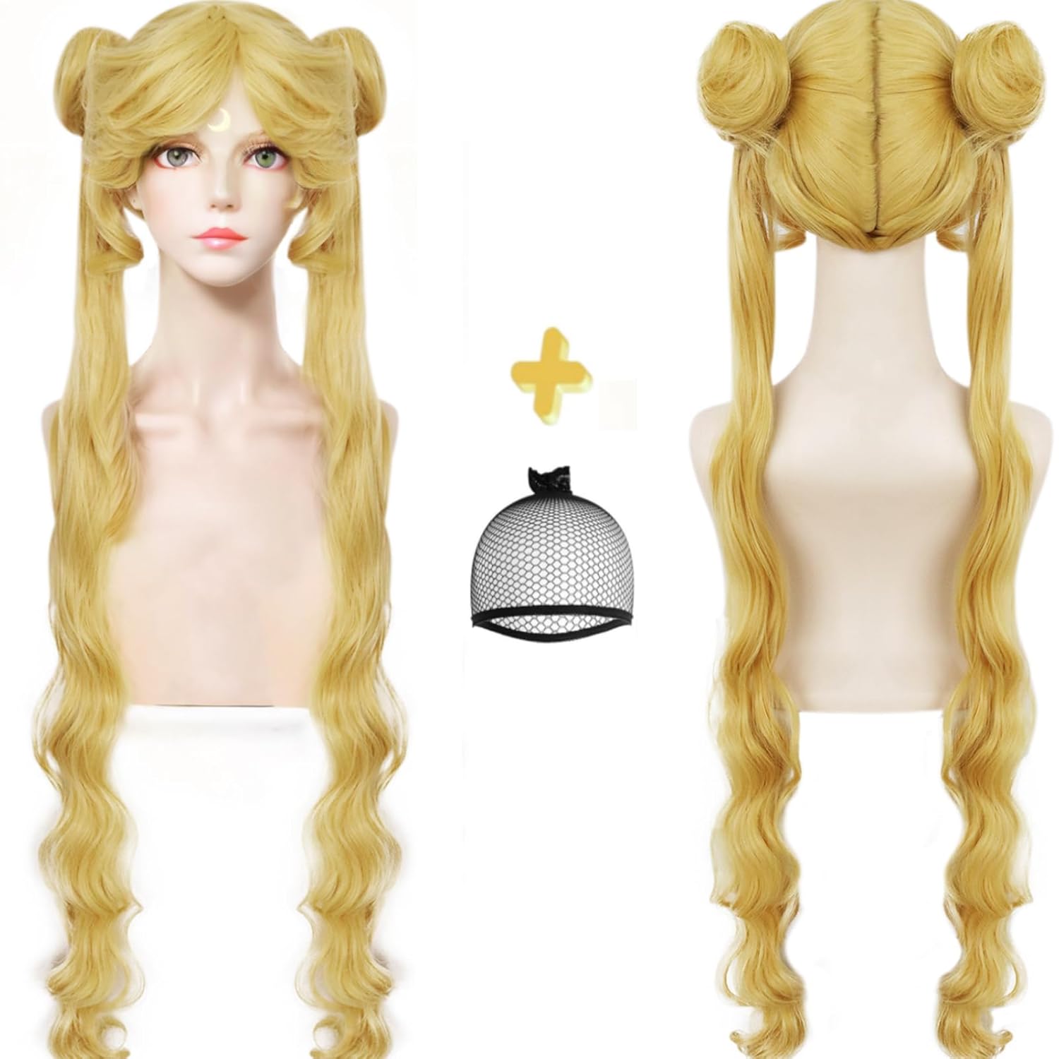 JoneTing Long Blonde Wavy Wig with Double Ponytails?+ Wig Cap? Blonde Cosplay Wig with Bangs Yellow Blonde Pigtail Wigs for Cosplay Princess Ponytail Wig for Halloween Long Pigtail Wig