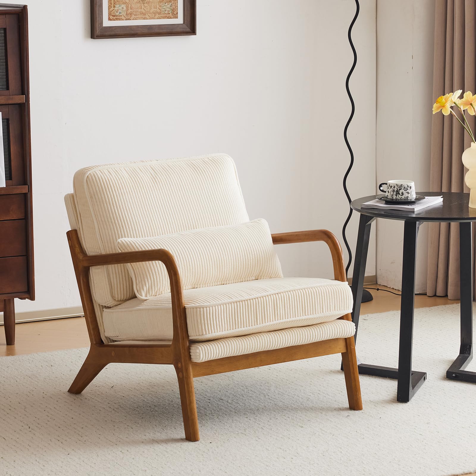 Bonnlo Fauteuil de Salon en Velours Côtelé, Chaise d'Appoint Relaxation avec Cadre en Bois, Siège Confortable pour Salon, Chambre, Terrasse, 65 x 80 x 78 cm (Beige Clair)