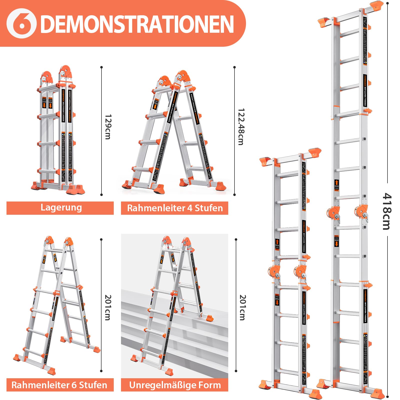 KINGRACK Aluminium Teleskopleiter 4,17 M 4x4 Sprossen Mehrzweckleiter, Rutschfeste Multifunktionsleiter mit Stabilisatorstange, Aluleiter Treppenleiter Bockleiter beidseitige Steh Belastbar bis 150 kg
