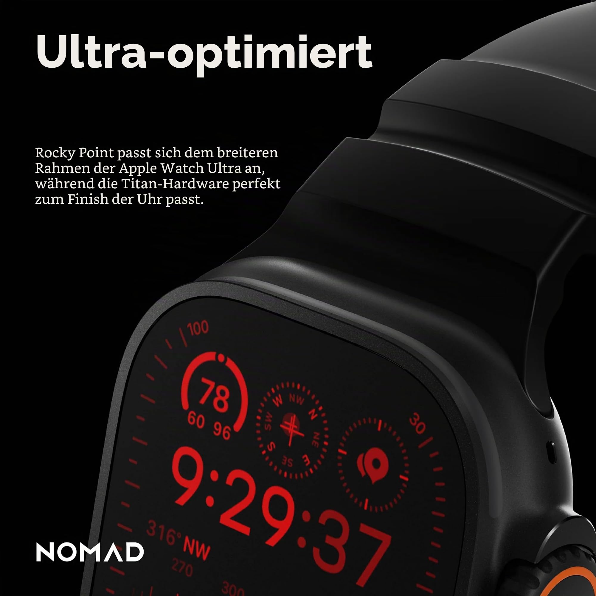 NOMAD Rocky Point Band | für Apple Watch 42/44/45/49 mm |ultimative leistungsstarke Uhrenarmband | Carbon Black Connector Black