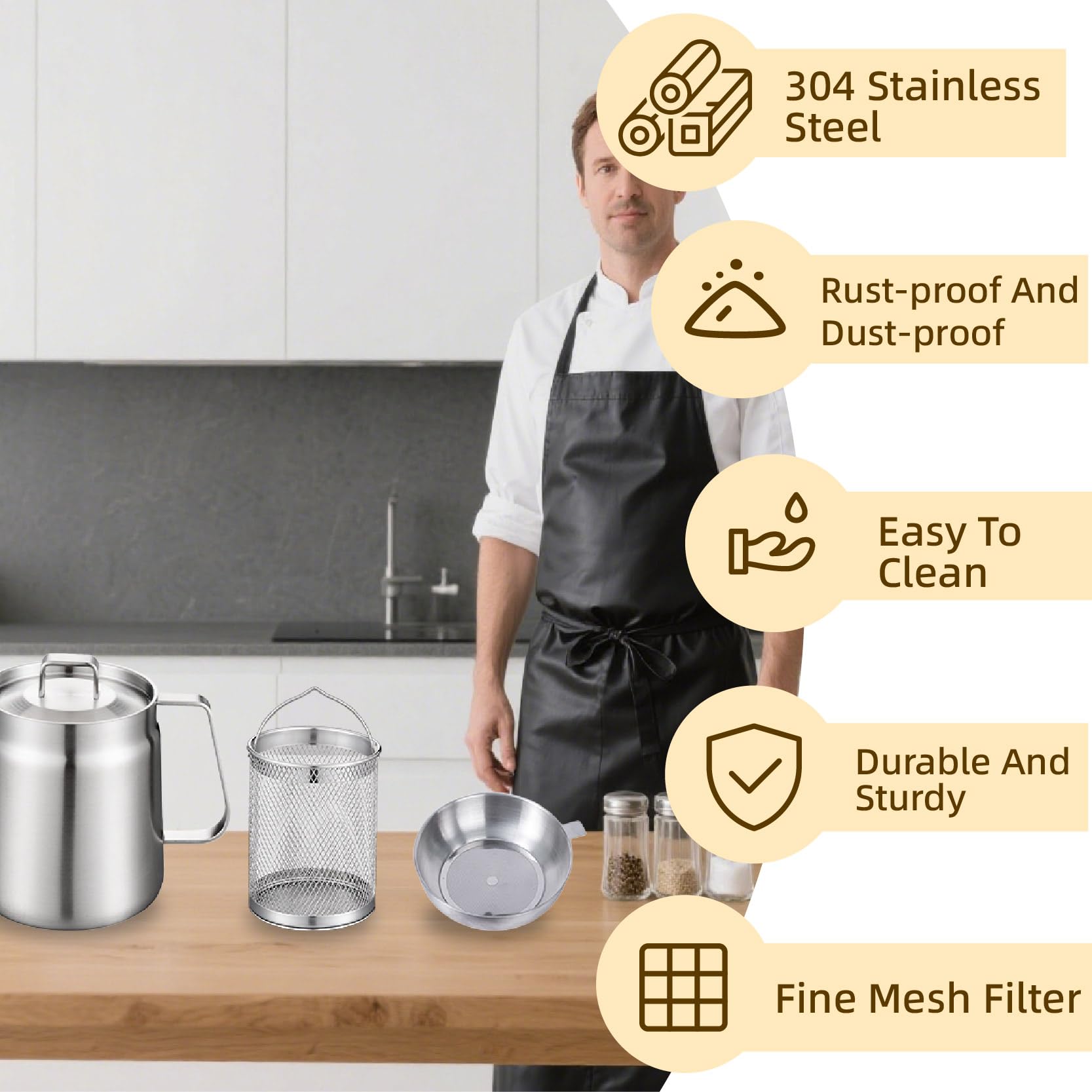 Filtre à huile de 2 L, pot de filtre à huile en acier inoxydable 304, pot de filtre à huile en acier inoxydable avec couvercle et récipient en maille fine, pour stocker la graisse de cuisson