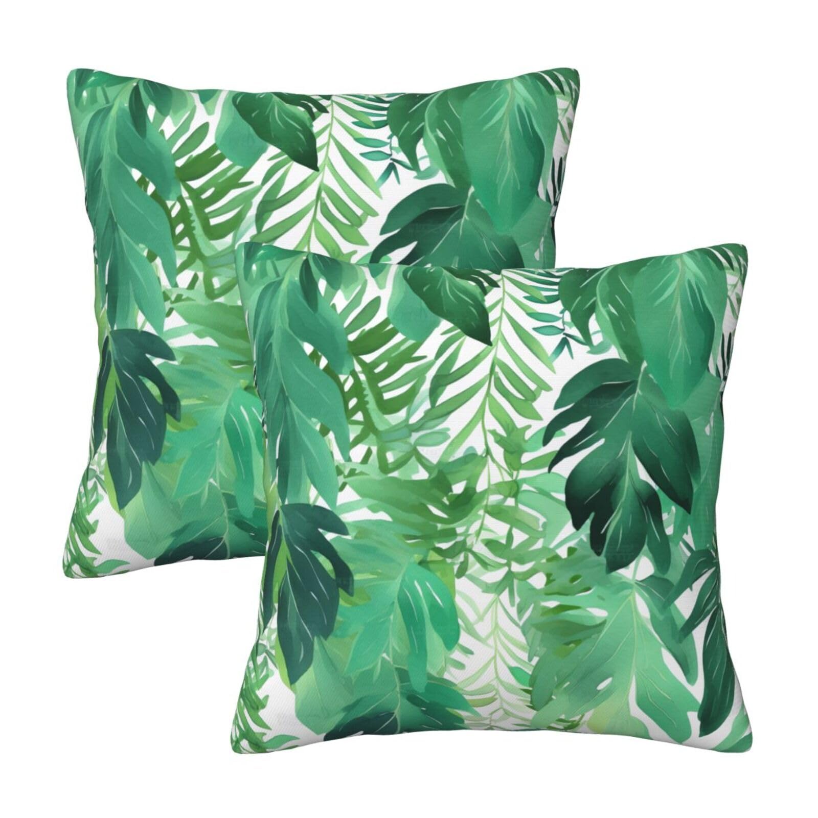 Tropical Green Leaves Throw Pillow Cases 2 Pack Square Pillowcases Soft Pillow Protectors for Couch Livingroom Sofa Bed Office Car,30x30 CM