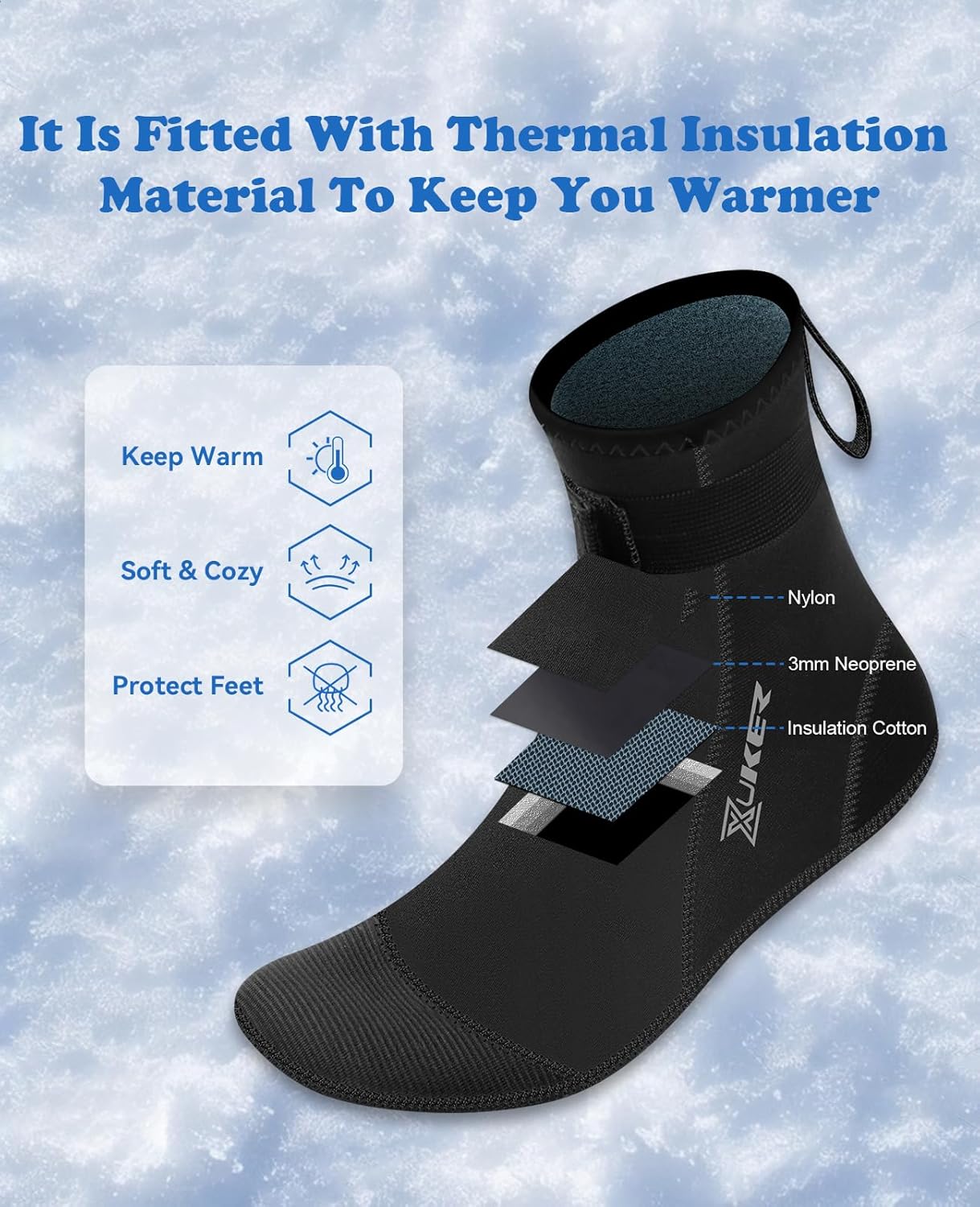 XUKER Neoprene Water Socks, Winter Fleece-Lined Warm Wetsuit Winter Socks for Scuba Diving Snorkeling Surfing - Image 2