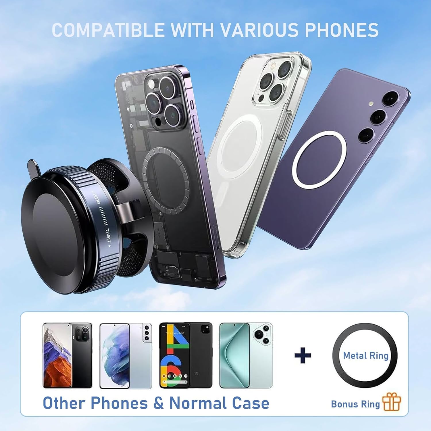 Vacuum Magnetic Phone Holder, 360° Adjustable Magnetic Car Mount, Foldable Portable Suction Cup Cell Phone Mount for Car/Gym/Mirror/Shower, Compatible with All Smartphones & All Car Models