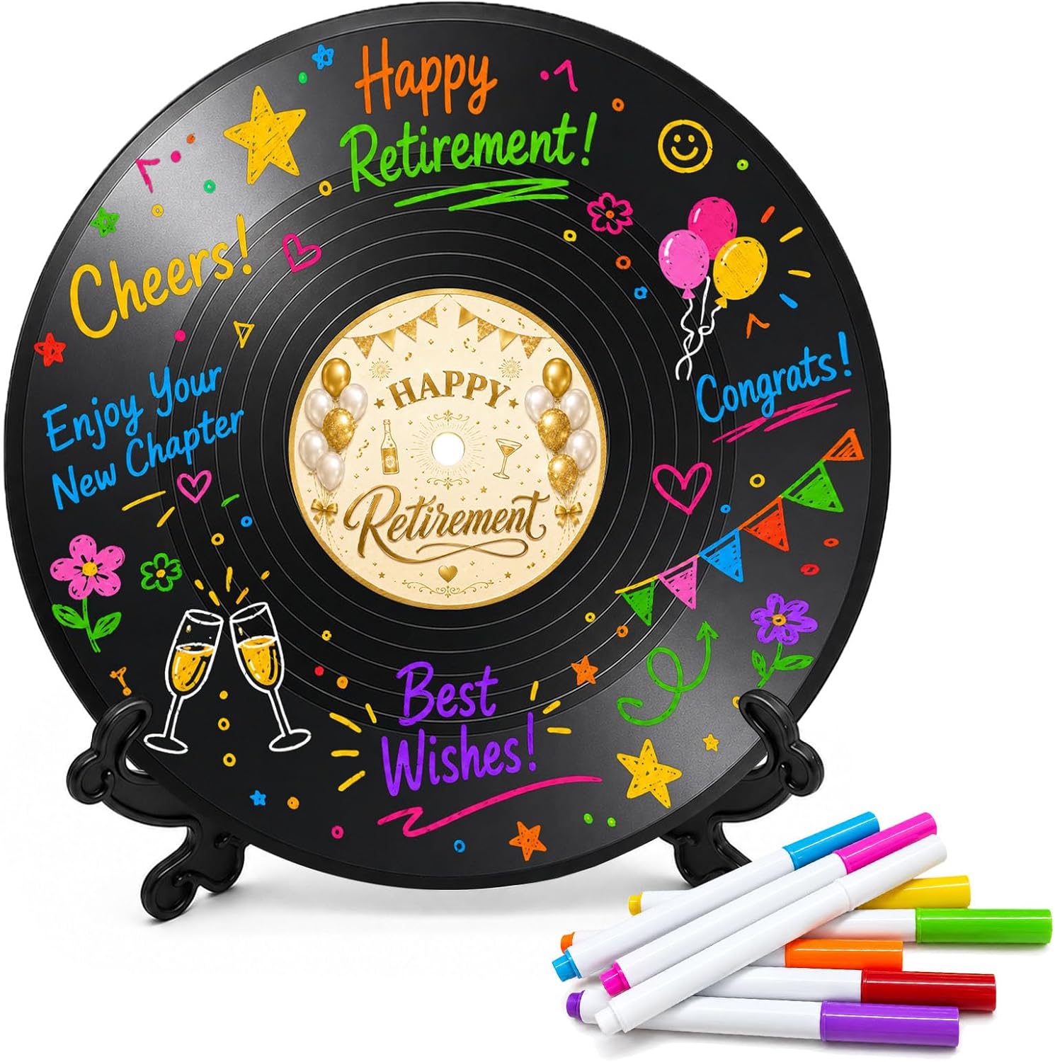 Vintage Retirement Guest Book, Vinyl Record Signing Card with Stand and 8 Color Pens, Happy Retirement Party Decorations, Large 11.8 Inch Keepsake Sign for Women Men Coworker Teacher Nurse Boss
