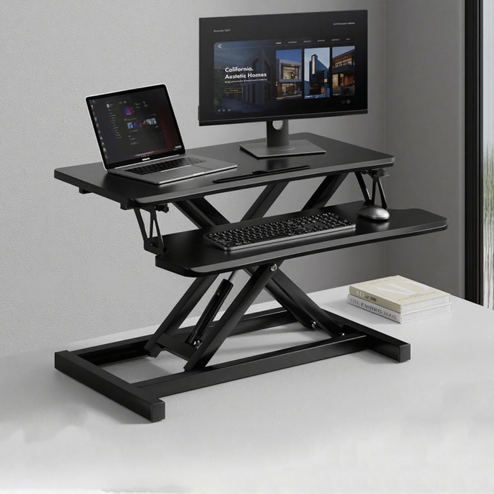Convertitore da scrivania regolabile in altezza con vassoio per tastiera, postazione di lavoro desktop per casa, ufficio e computer