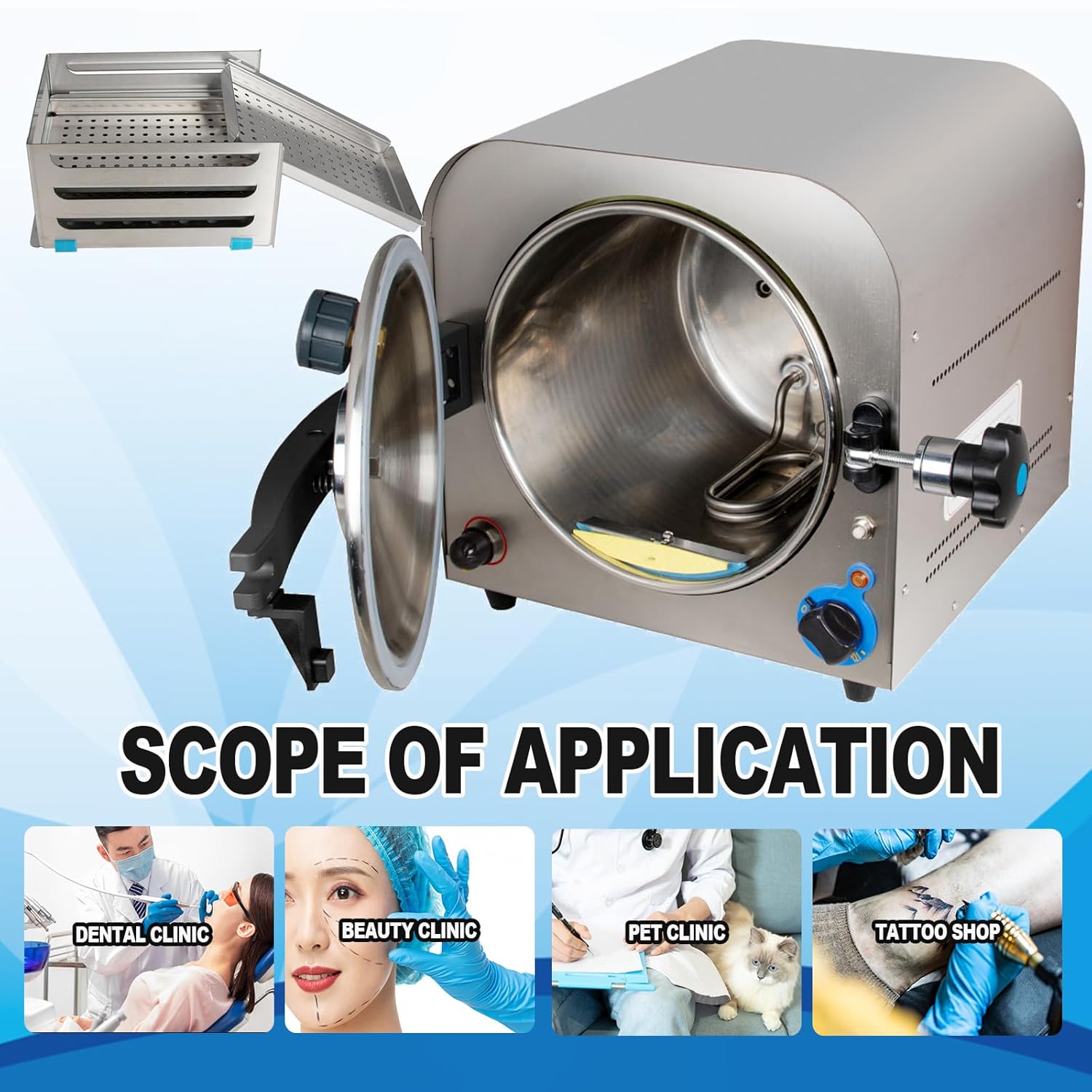 Images showing the autoclave being used in a dental clinic, beauty clinic, pet clinic, and tattoo shop.