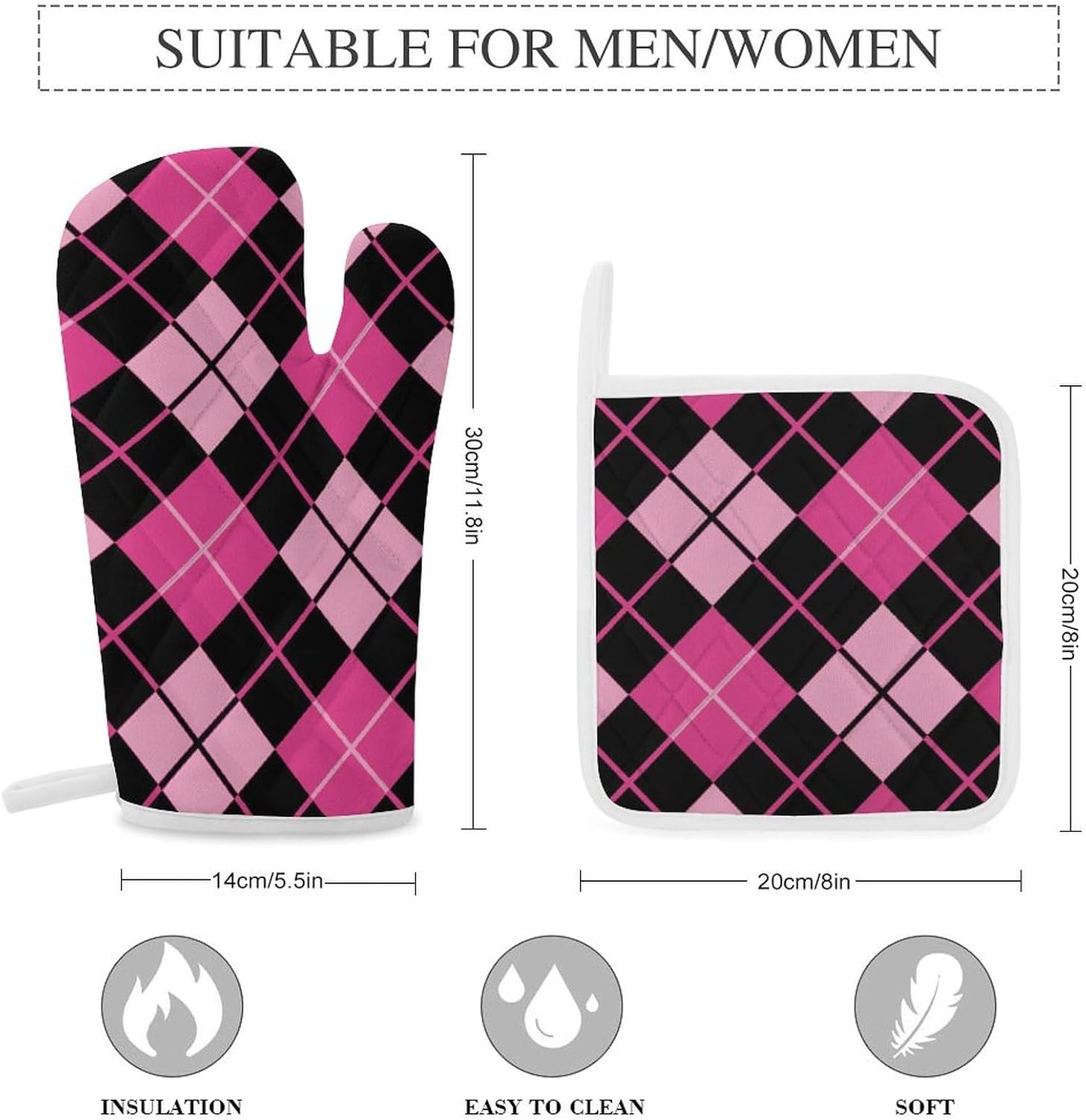 Pinkblack Argyle Print Oven Mitts and Pot Holders 3 Piece Sets Heat Resistant Gloves Hot Pads Potholders for Kitchen Baking Cooking