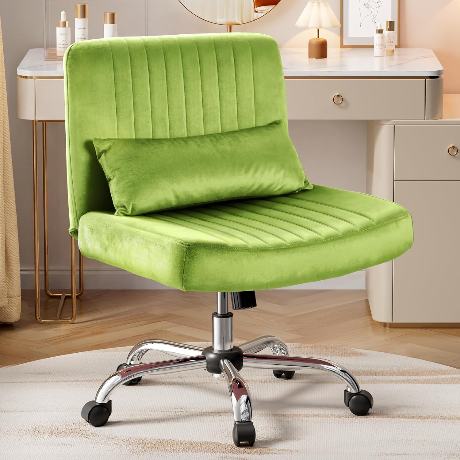 Warmiehomy Velvet Cross Legged Office Chair, Comfy Desk Chair for Home Office, Criss Cross Chair with Wheels, Height Adjustable Vanity Chair, Swivel Wide Seat Computer Chair Gift, Light Green