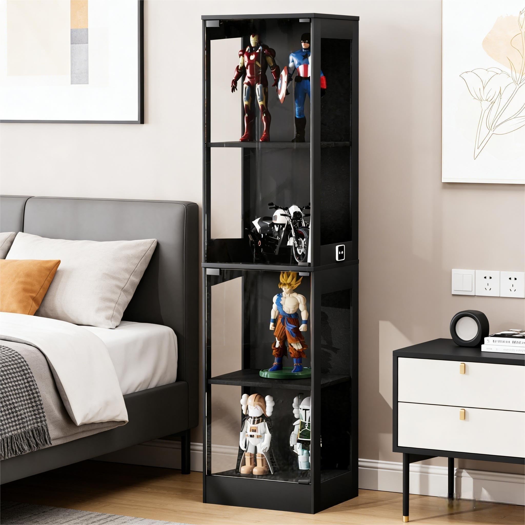 Glasvitrine Vitrine mit LED Beleuchtung & Intelligente Sensorik, 4-Lagen Standvitrine Sammlervitrine für Wohnzimmer Schlafzimmer Büro, Schwarz,40x35x165cm