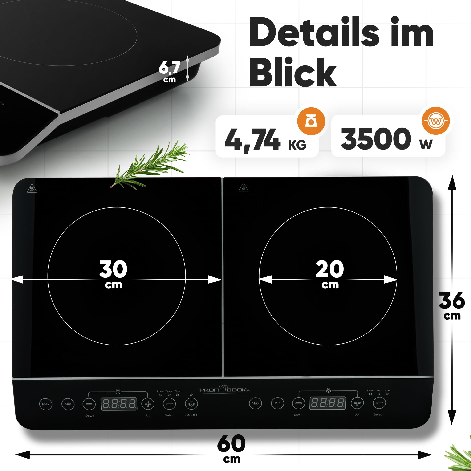 ProfiCook® Induktionskochplatte 2 Platten | heiß in Sekundenschnelle | 10 Stufen | Timer | bis 240°C Induktionsplatte doppelt | Induktionskochfeld 2 Platten | Induktionskochplatte | PC DKI 1067