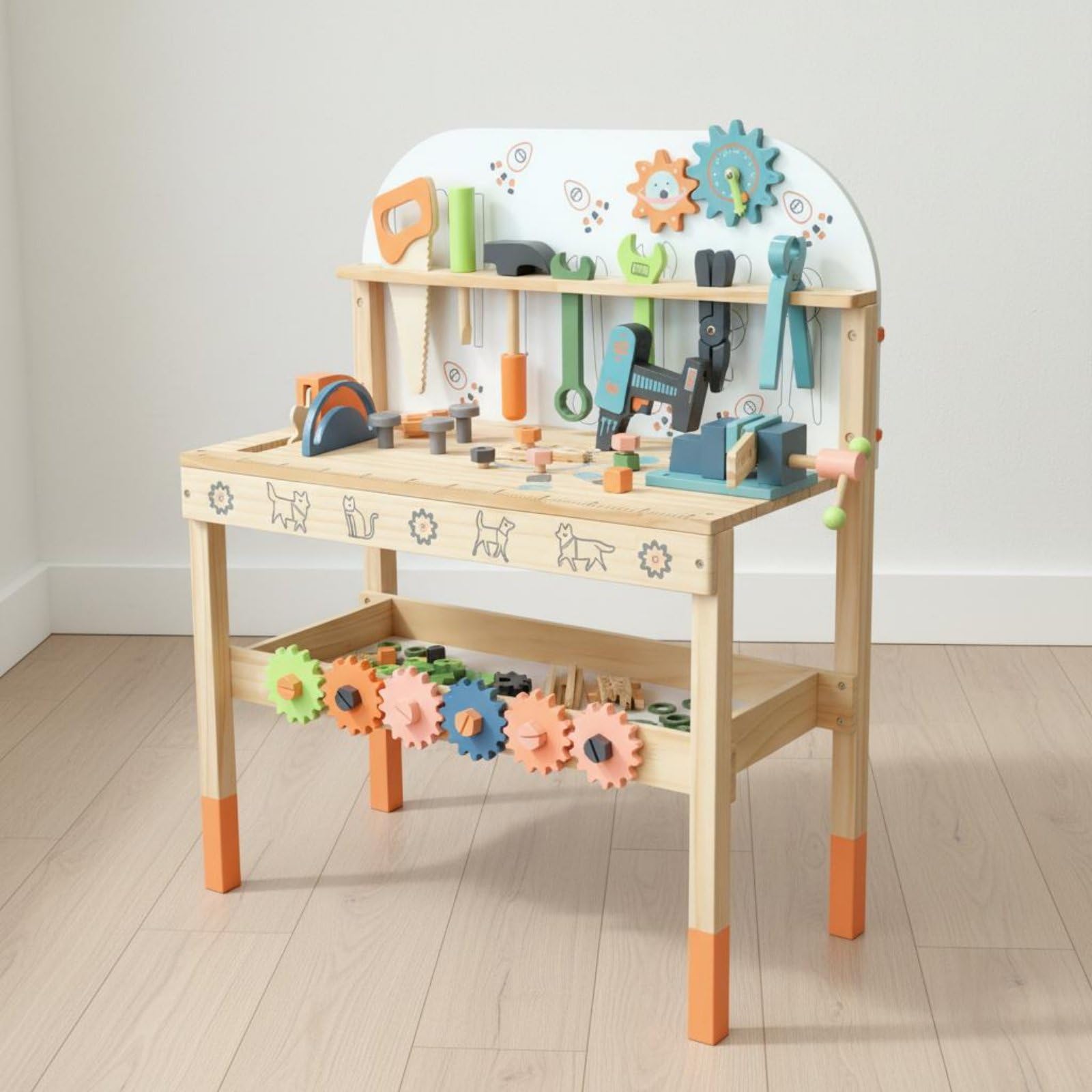 Gralara Kinder-Werkbank Aus Holz Realistisches Spielzeug Kinderwerkbank Lernspielzeug, Kompakte Werkbank In Grau Mit Holzdetails