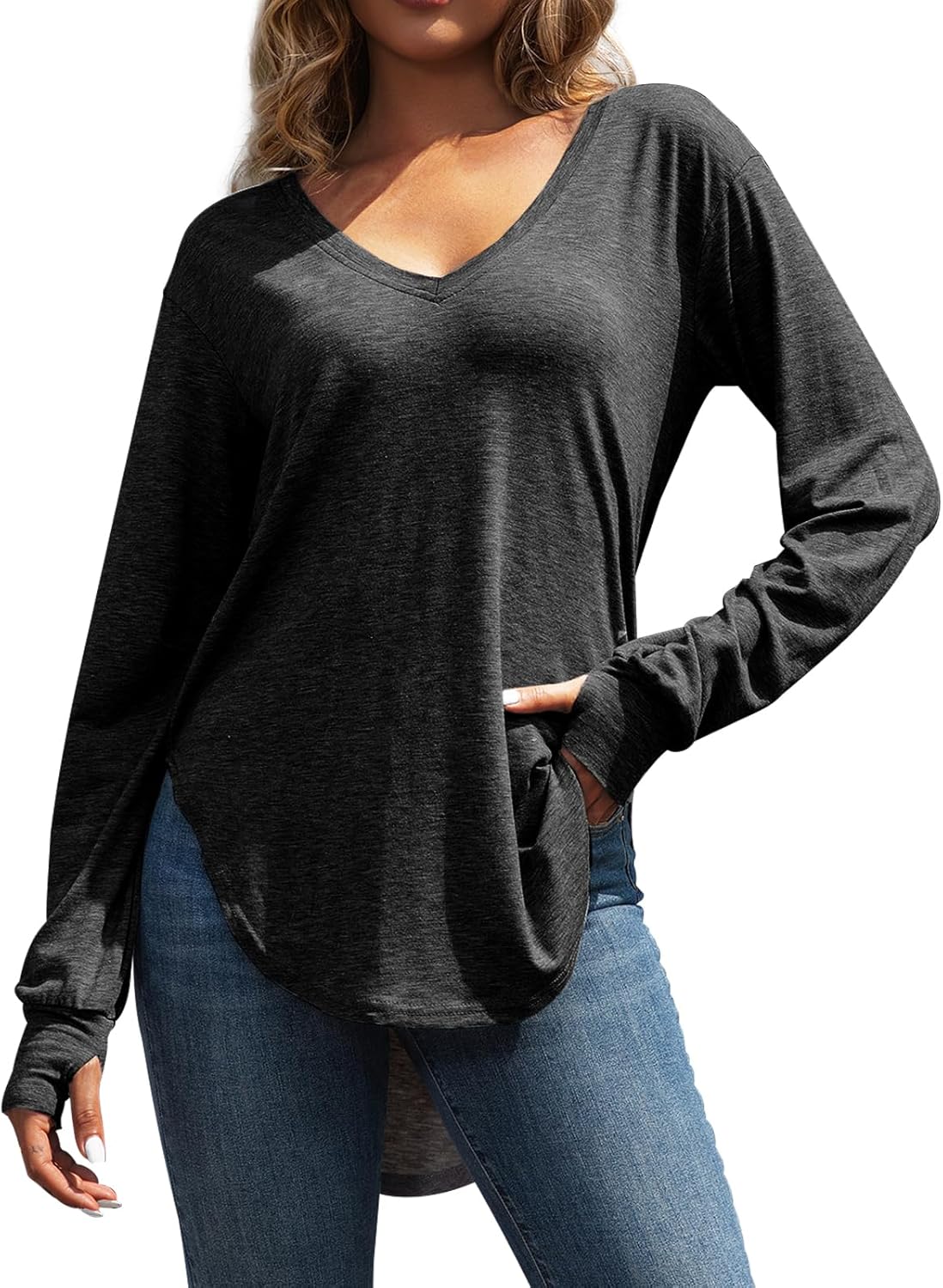 Womens Deep V Neck Long Sleeve Tops Loose Fit Oversized T Shirt Side Slit High Low Tunic Tops with Thumb Hole - Image 2