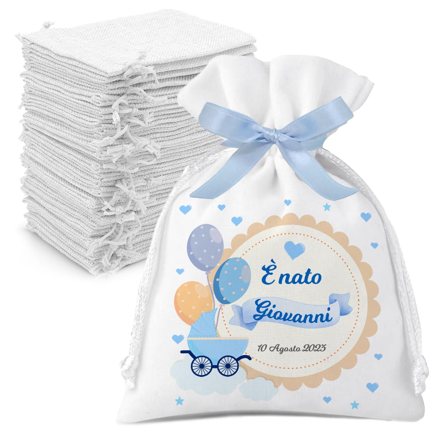 Set 30 Sacchetti In Iuta Per Bomboniere – 10x12 Cm Con Tirante – Blu – Portaconfetti E Segnaposto